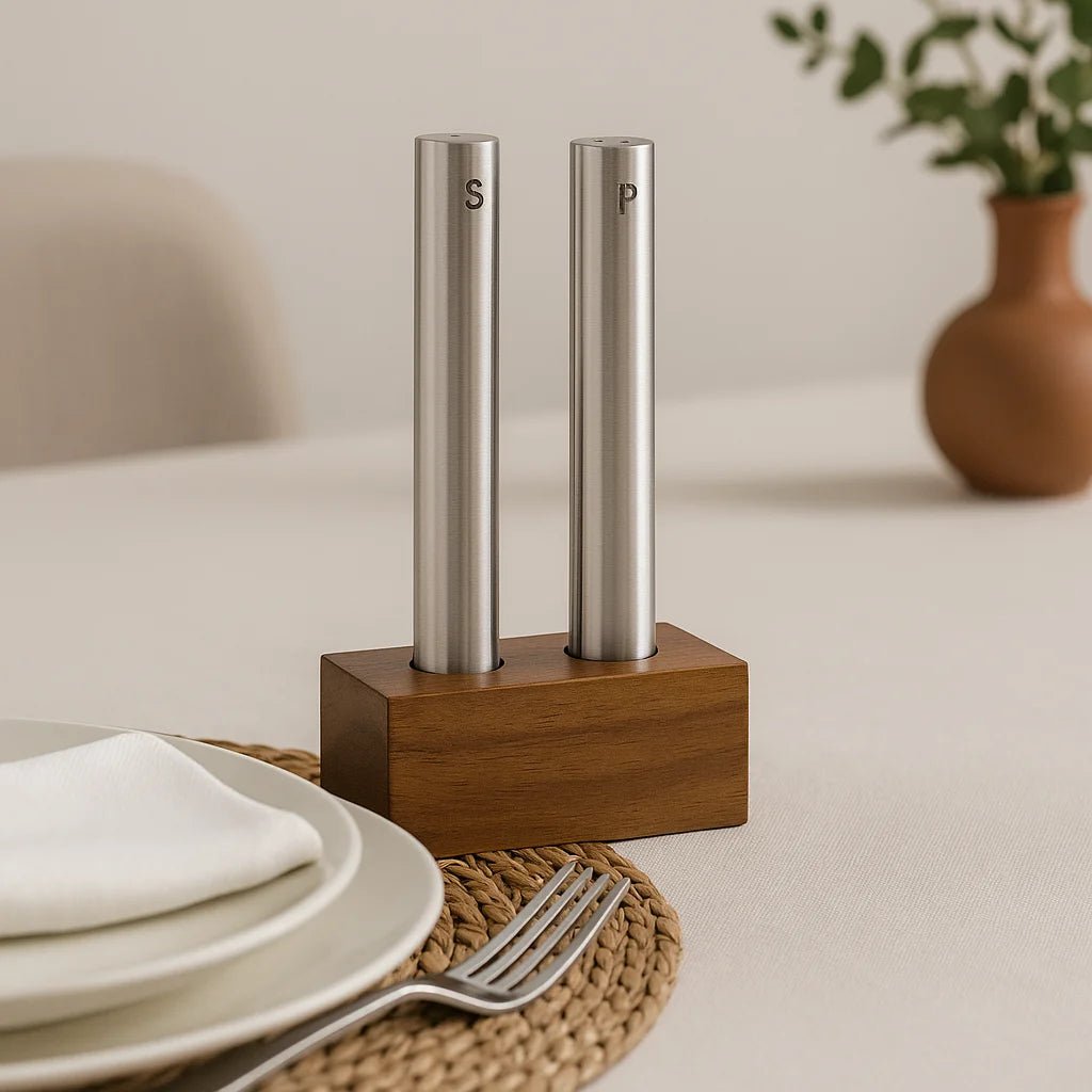 Conjunto Saleiro e Pimenteiro de Aço Inox com Base de Madeira – Design Moderno - Utyl