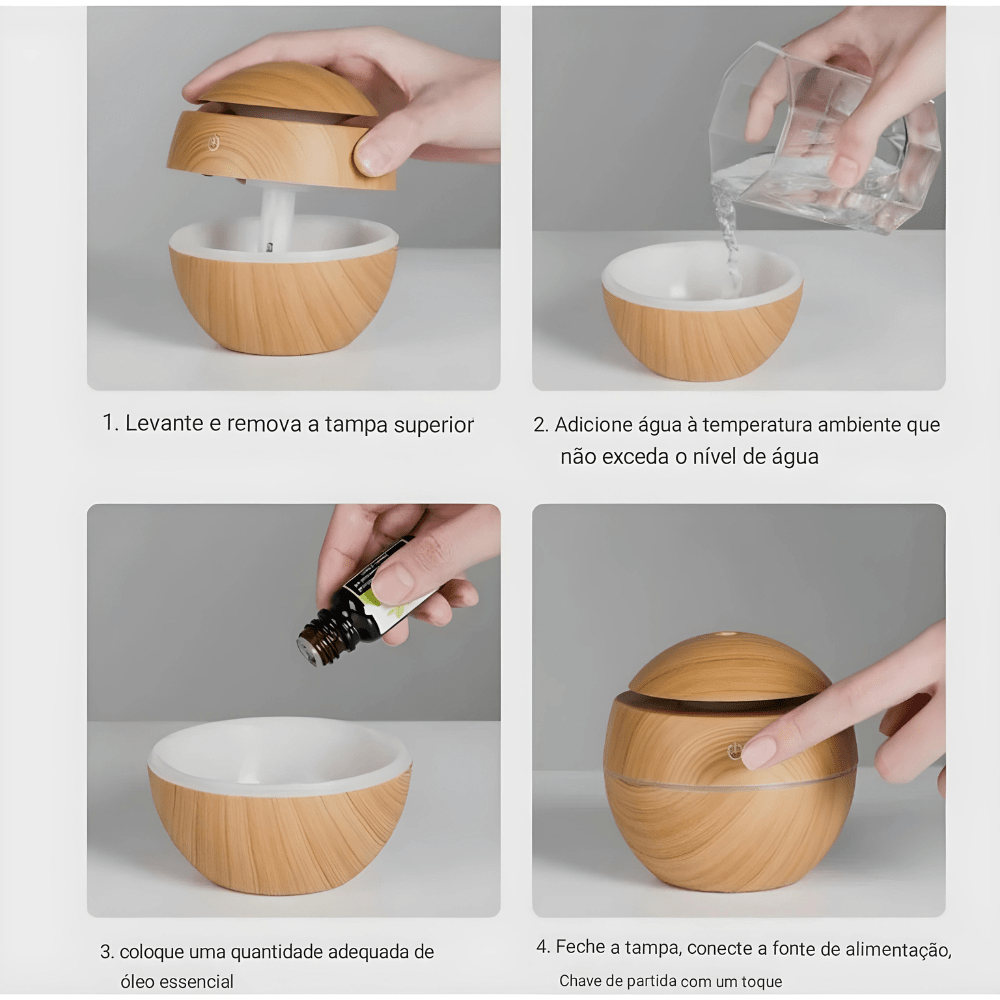 Difusor Aromático USB com Luz LED – Design Amadeirado, 130ml, Ultrassônico e Silencioso - Utyl