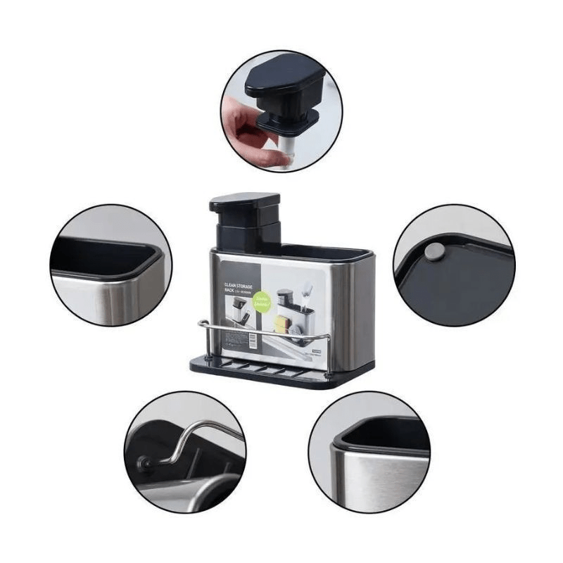Dispenser 3 em 1 de Aço Inox para Pia | Porta Detergente, Esponja e Escorredor Compacto e Sofisticado - Utyl