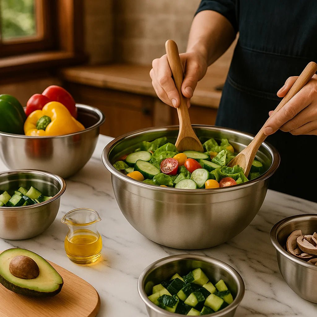 Kit 5 Tigelas de Aço Inox com Tampa – Saladeiras Multiuso para Cozinha Elegante - Utyl