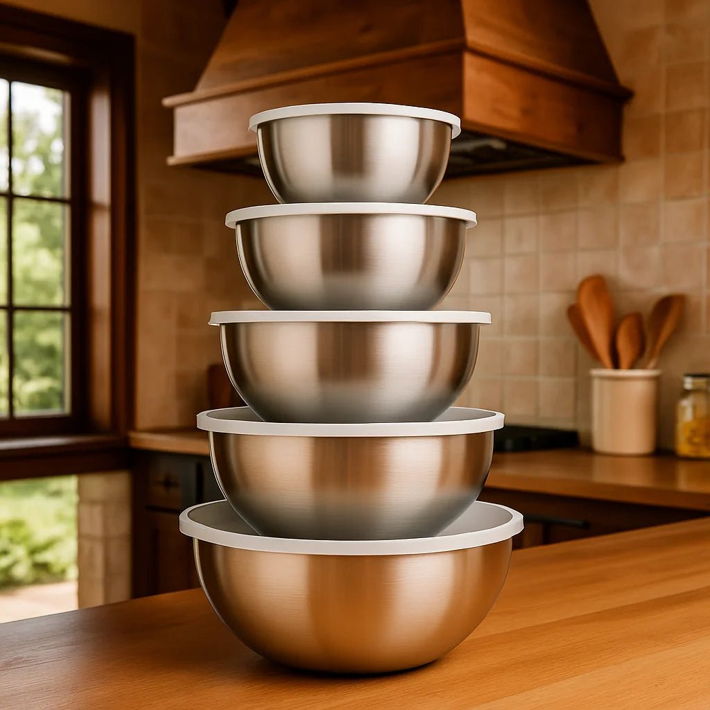 Kit 5 Tigelas de Aço Inox com Tampa – Saladeiras Multiuso para Cozinha Elegante - Utyl