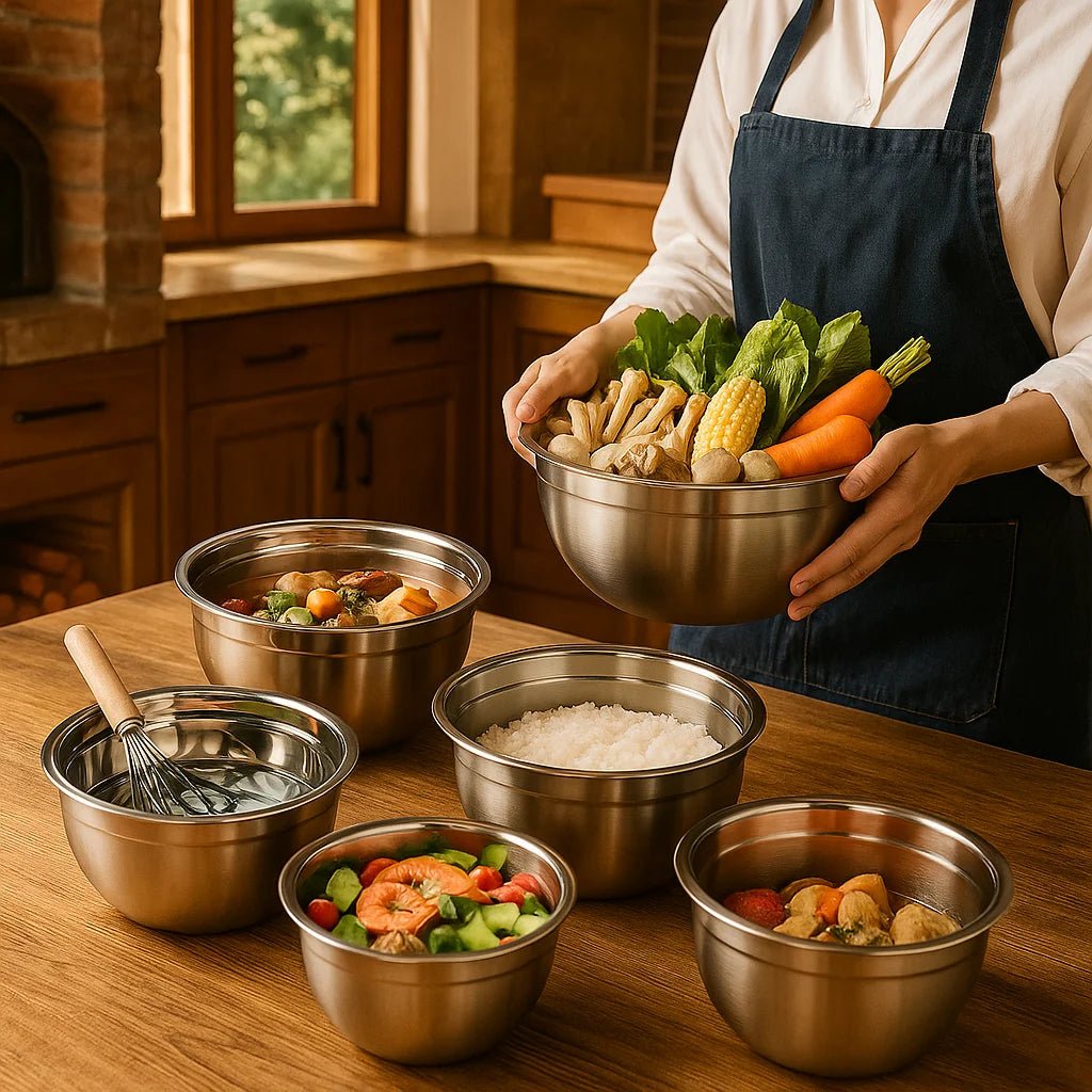 Kit 5 Tigelas de Aço Inox com Tampa – Saladeiras Multiuso para Cozinha Elegante - Utyl