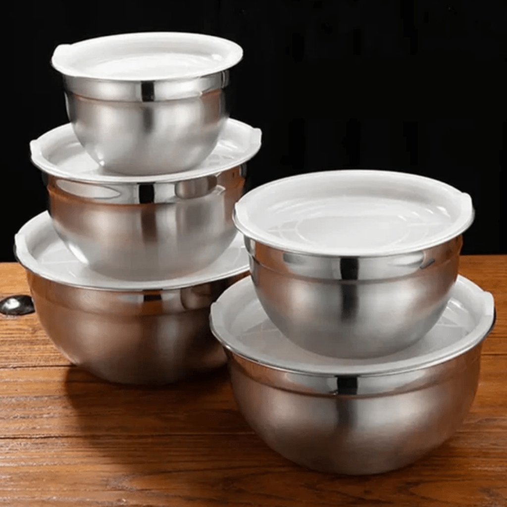 Kit 5 Tigelas de Aço Inox com Tampa – Saladeiras Multiuso para Cozinha Elegante - Utyl