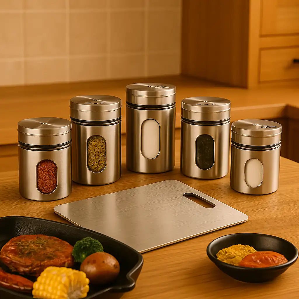 Kit 6 Porta Condimentos em Aço Inox e Vidro - Saleiro e Pimenteiro 80ml - Utyl