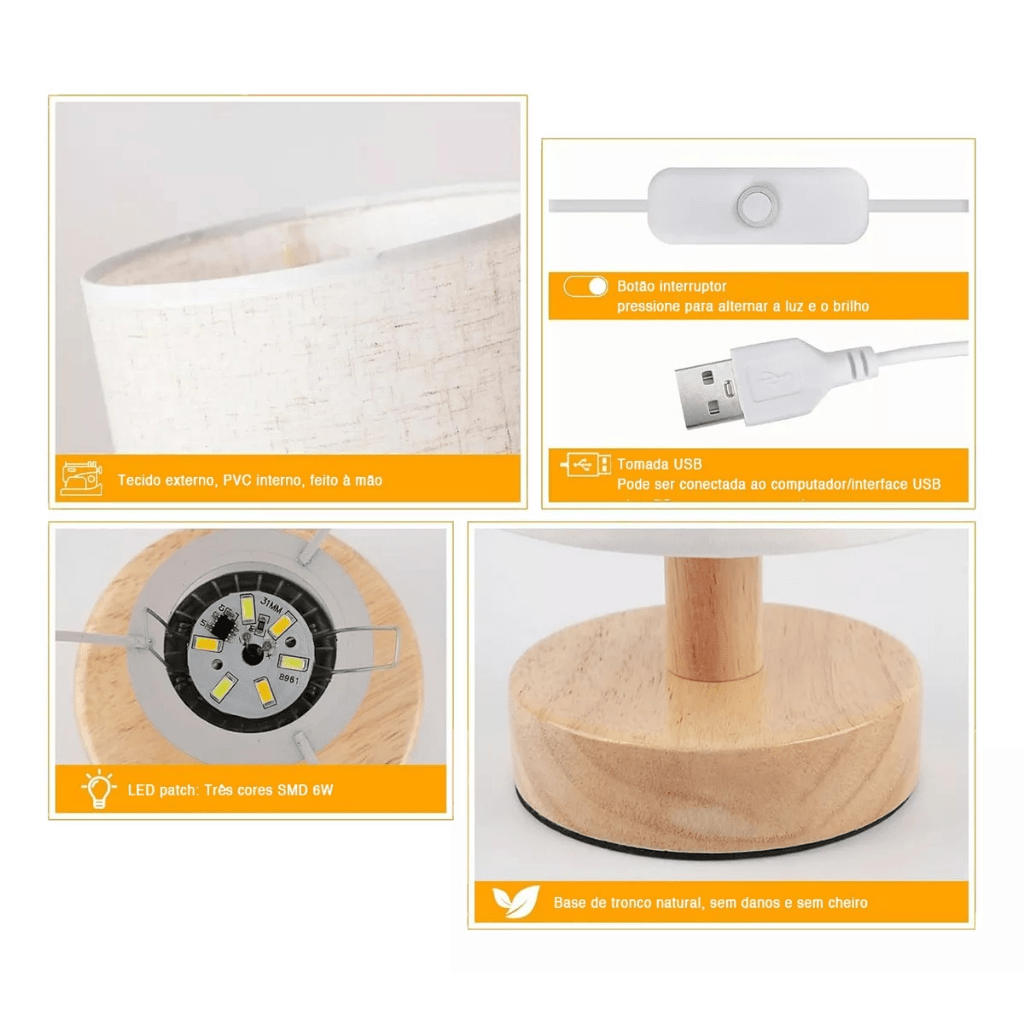 Luminária de Madeira USB com Luz Quente – Estilo Sofisticado para Cabeceira ou Mesa - Utyl