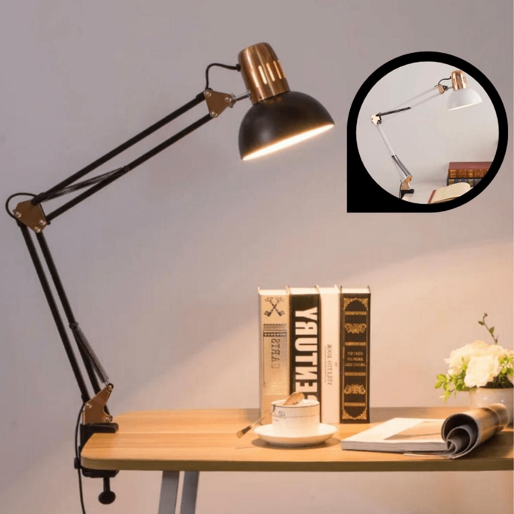 Luminária de Mesa Articulada com Garra – Modelo Pixar Luxo Preto ou Branca com Detalhes Dourado - Utyl