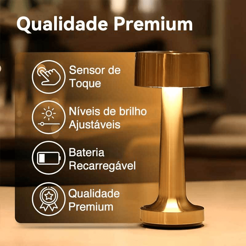 Luminária de Mesa Retrô LED – Toque, 3 Cores, Recarregável para Jantar Sofisticado - Utyl