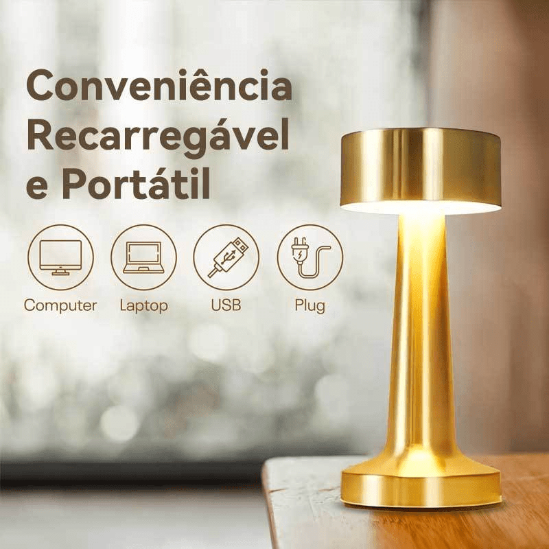 Luminária de Mesa Retrô LED – Toque, 3 Cores, Recarregável para Jantar Sofisticado - Utyl