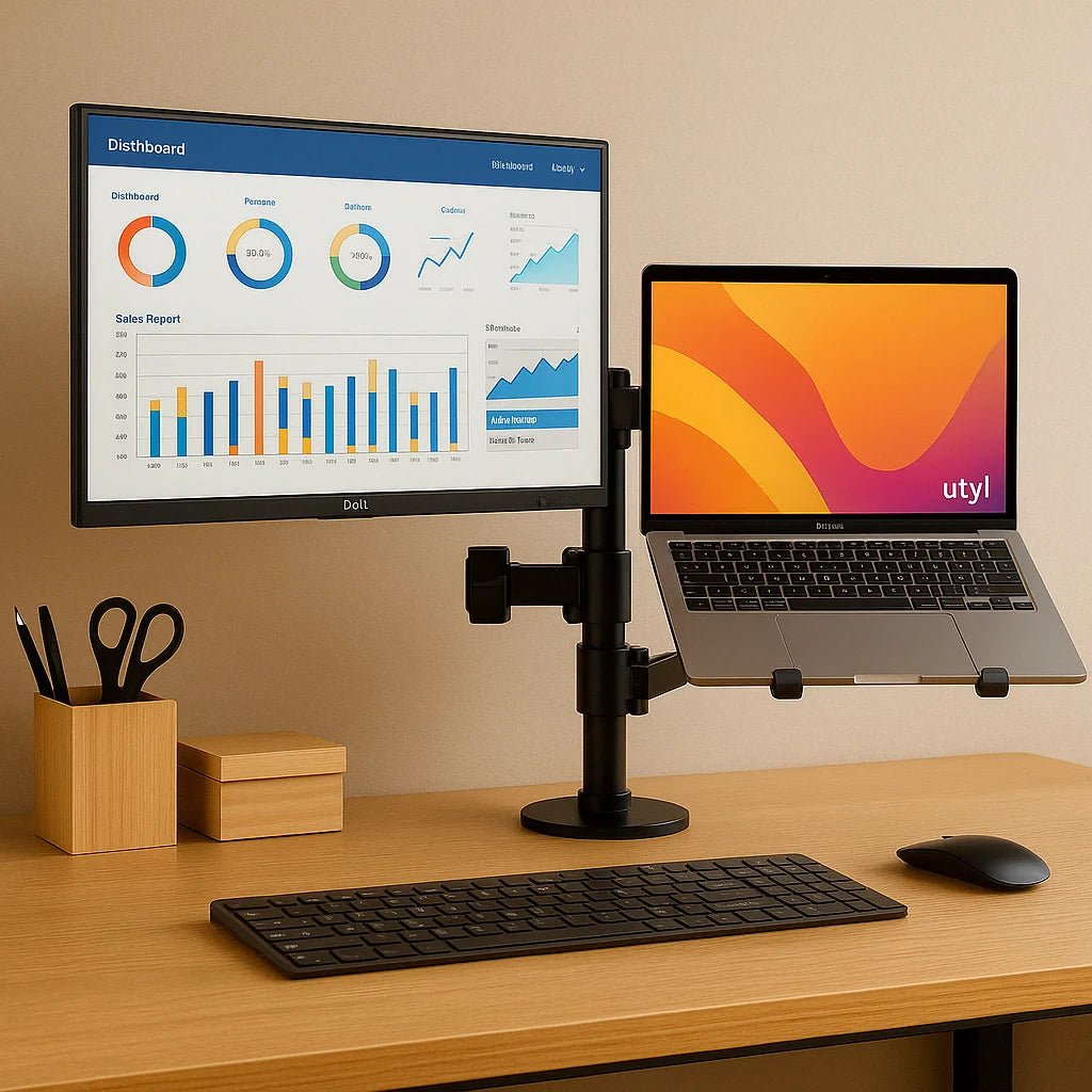 Suporte Duplo Articulado para Monitor e Notebook 13"–27" – Ergonomia e Organização Profissional - Utyl