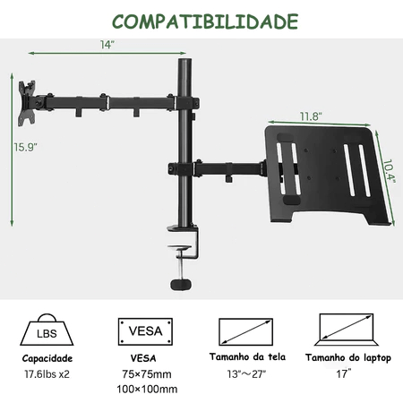 Suporte Duplo Articulado para Monitor e Notebook 13"–27" – Ergonomia e Organização Profissional - Utyl