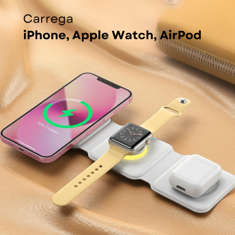 Carregador 3 em 1 Magnetico 15W Sem fio, dobrável para iPhone 12 e 13, Airpod, IWatch 6 e 7