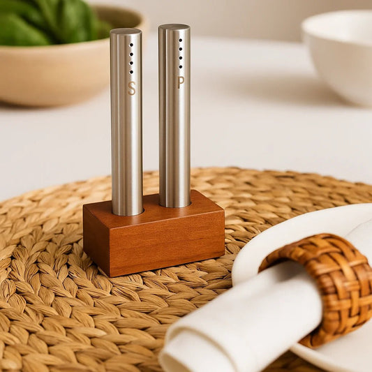 Conjunto Saleiro e Pimenteiro de Aço Inox com Base de Madeira – Design Moderno - Utyl
