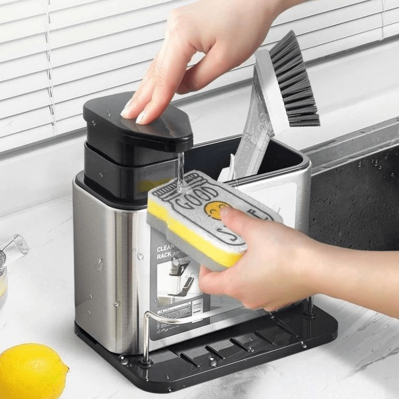 Dispenser 3 em 1 de Aço Inox para Pia | Porta Detergente, Esponja e Escorredor Compacto e Sofisticado - Utyl