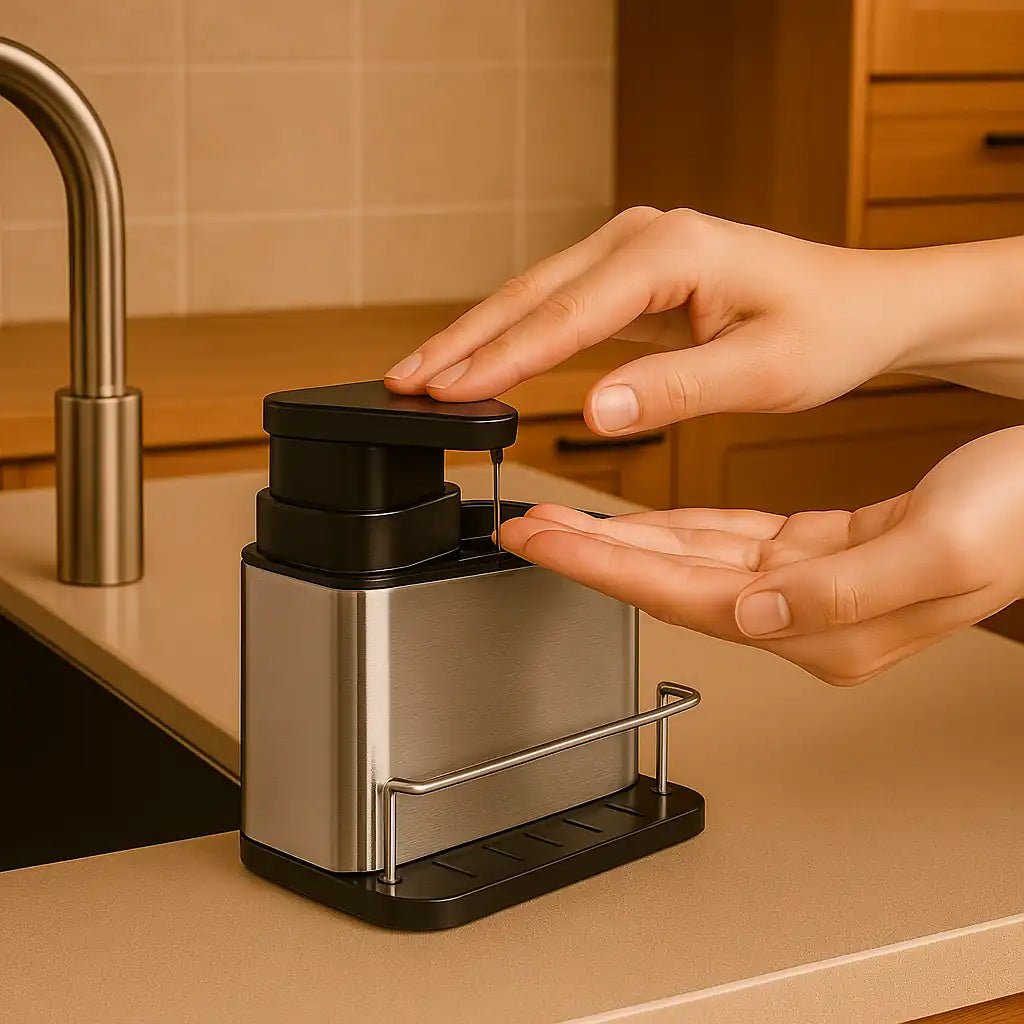 Dispenser 3 em 1 de Aço Inox para Pia | Porta Detergente, Esponja e Escorredor Compacto e Sofisticado - Utyl