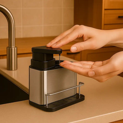 Dispenser 3 em 1 de Aço Inox para Pia | Porta Detergente, Esponja e Escorredor Compacto e Sofisticado - Utyl