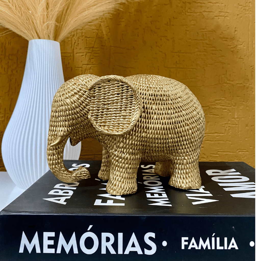 Elefante Decoração Sorte Estilo Rattan Sisal Dourado Luxo Casa Sala - Utyl