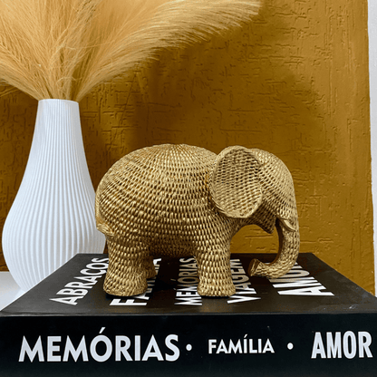 Elefante Decoração Sorte Estilo Rattan Sisal Dourado Luxo Casa Sala - Utyl