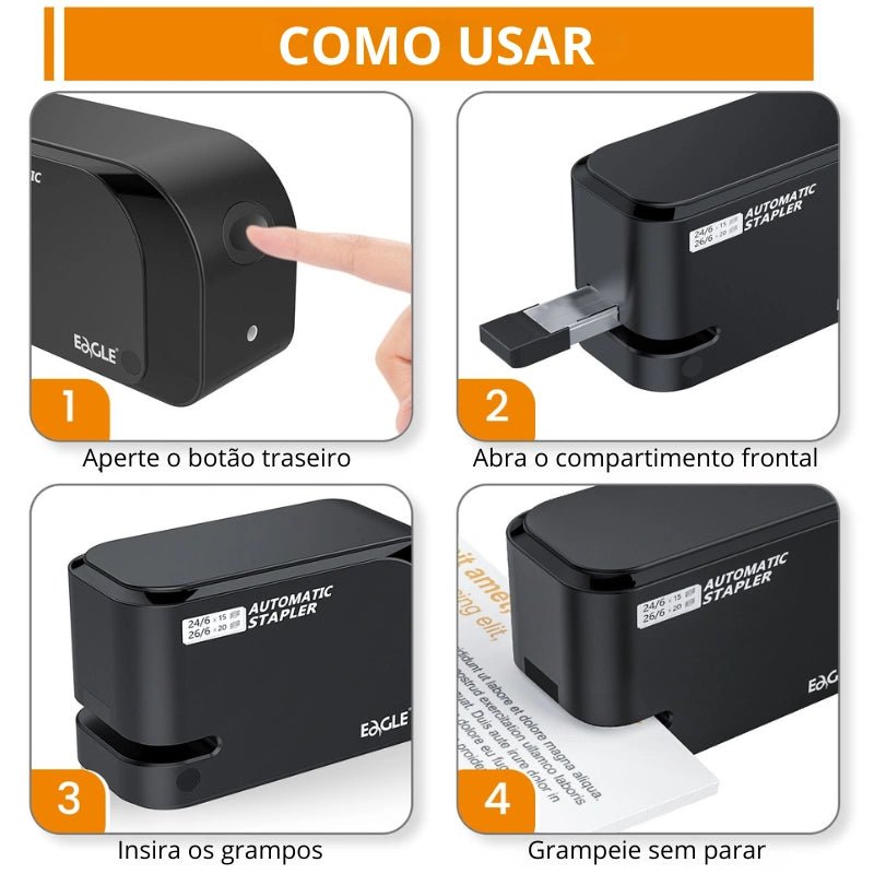 Grampeador Automático Elétrico Versão 2.0. Capacidade de 20 folhas, 2000 grampos grátis, uso com pilhas ou energia. - Utyl