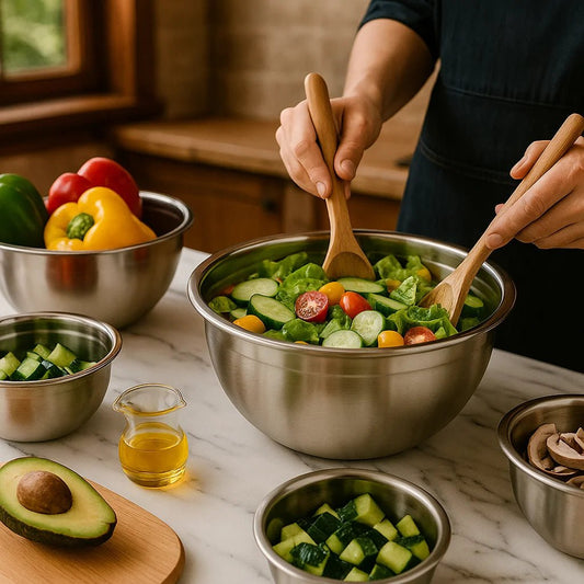 Kit 5 Tigelas de Aço Inox com Tampa – Saladeiras Multiuso para Cozinha Elegante - Utyl
