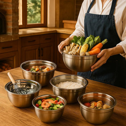 Kit 5 Tigelas de Aço Inox com Tampa – Saladeiras Multiuso para Cozinha Elegante - Utyl