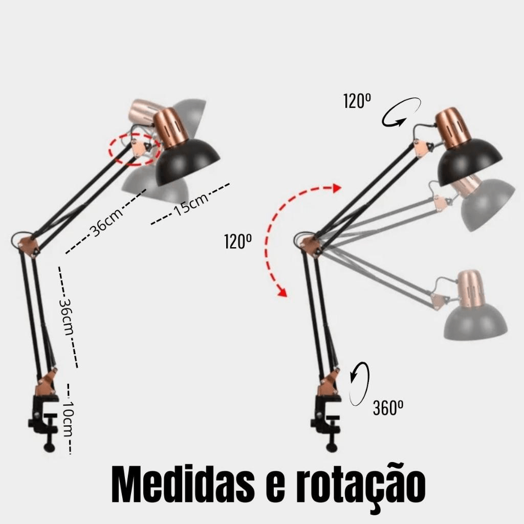 Luminária de Mesa Articulada com Garra – Modelo Pixar Luxo Preto ou Branca com Detalhes Dourado - Utyl