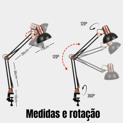 Luminária de Mesa Articulada com Garra – Modelo Pixar Luxo Preto ou Branca com Detalhes Dourado - Utyl