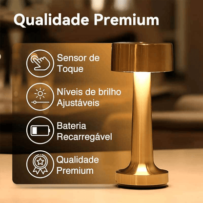 Luminária de Mesa Retrô LED – Toque, 3 Cores, Recarregável para Jantar Sofisticado - Utyl