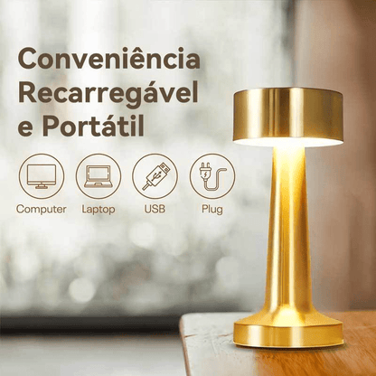 Luminária de Mesa Retrô LED – Toque, 3 Cores, Recarregável para Jantar Sofisticado - Utyl
